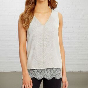 Antonio Melani Silk Top M Grey Lace Trim Sleeveless V-Neck Layered Blouse